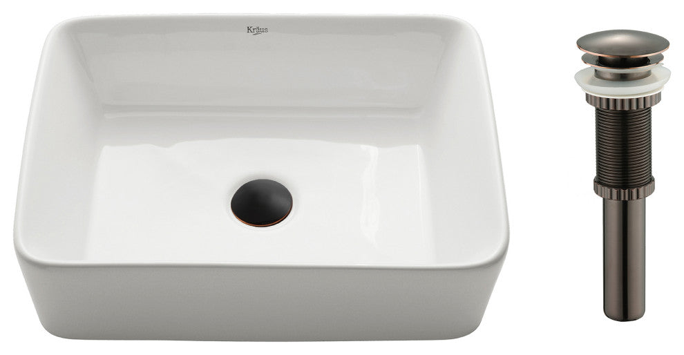 Elavo Ceramic Rectangle Vessel White Sink, PU Drain Oil Rubbed Bronze