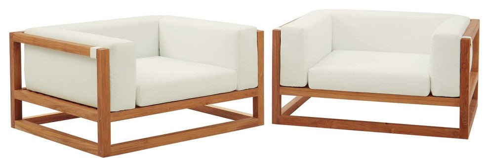 Outdoor Patio Furniture Lounge Chair Armchair, Set of Two, Wood, Natural White