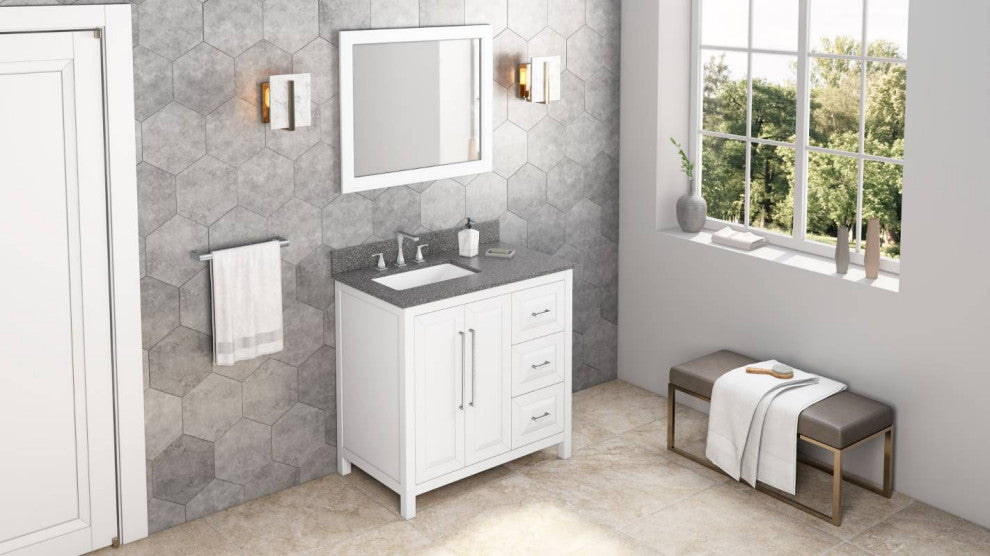 Cade Transitional 36" White Left Offset Sink Vanity, Boulder Vanity Cultured Mar