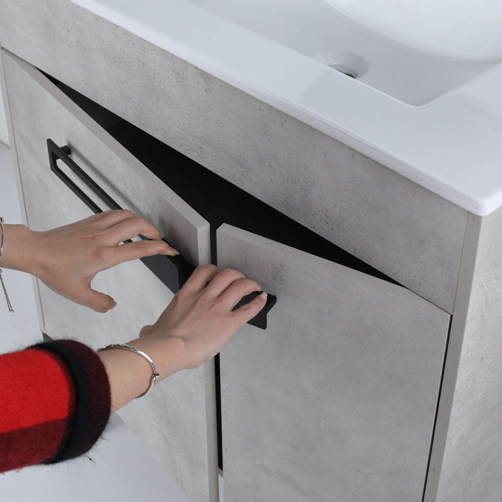 Freestanding/Floating Bathroom Vanity With white Ceramics Top, Grey, 30"