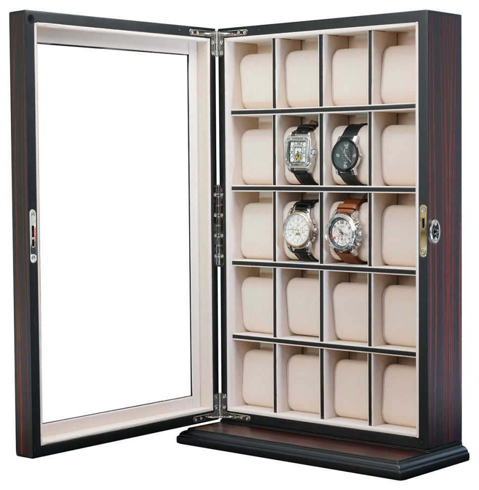 20 Slot Wood Watch Display Wall Hanging Case and Storage Organizer Box, Ebony