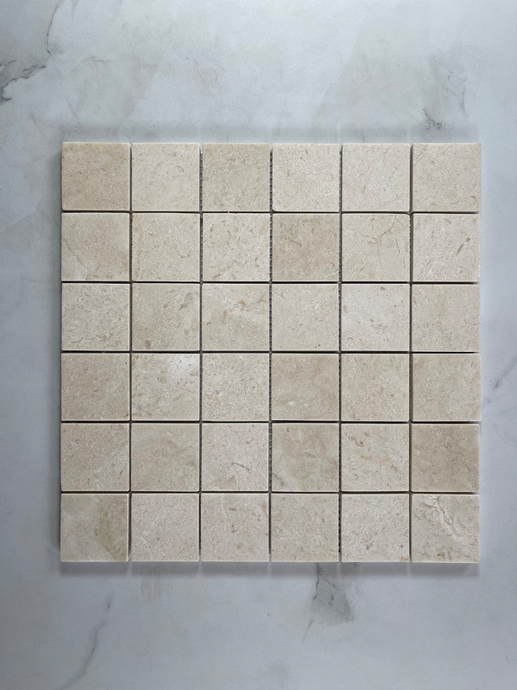Crema Marfil Beige Marble 2x2 Grid Square Mosaic Tile Polished, 1 sheet
