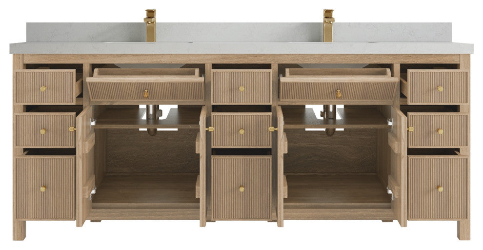 Sonoma Teak 84" Double Sink Vanity, Dark Natural With 2" Carrara Quartz