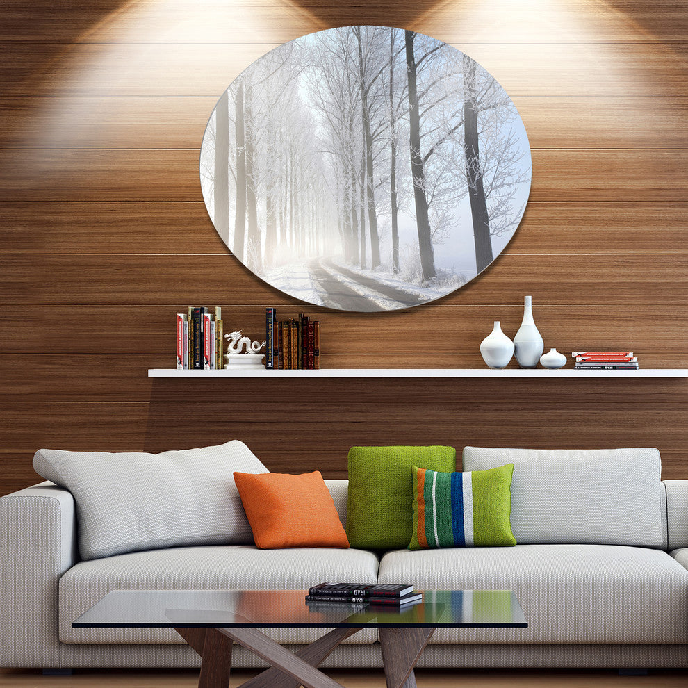 Winter Rural Road On Misty Morning, Forest Disc Metal Wall Art, 23"