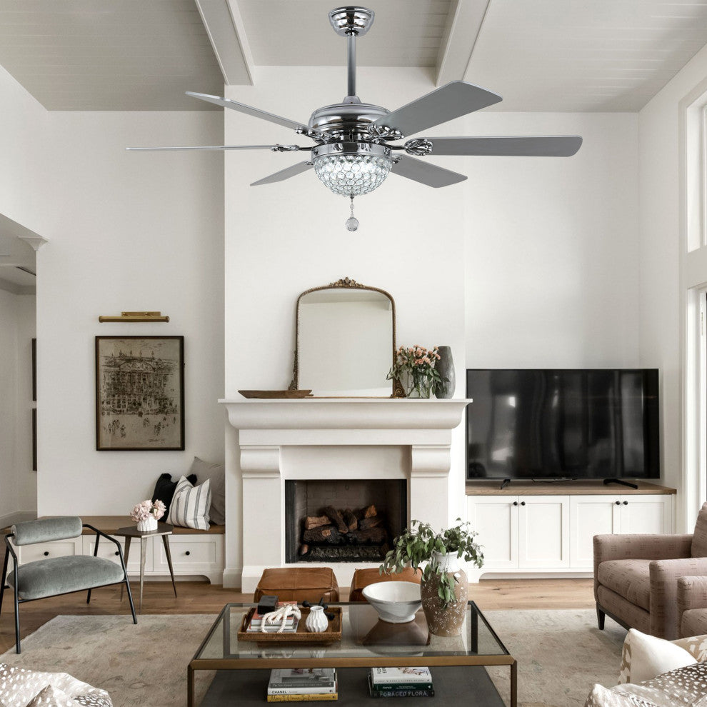 65" Modern Crystal Ceiling Fan with Dimmable LED Light and Remote, Silver