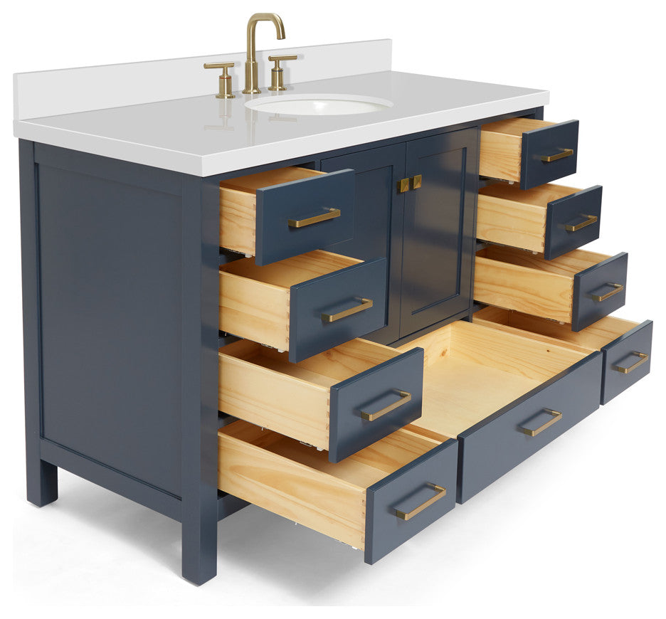ARIEL Cambridge 55" Oval Sink Blue Bathroom Vanity Quartz Top, No Mirror