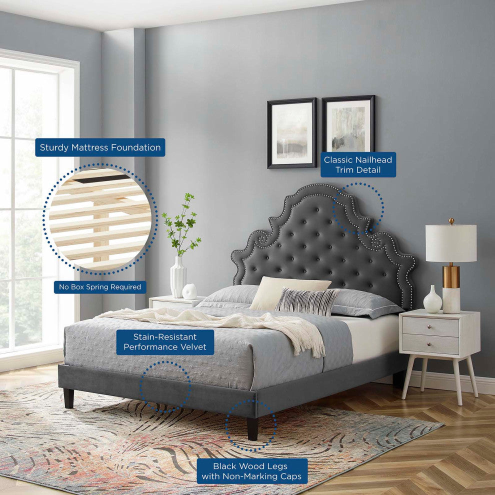 Tufted Platform Bed Frame, King Size, Velvet, Gray, Modern Contemporary