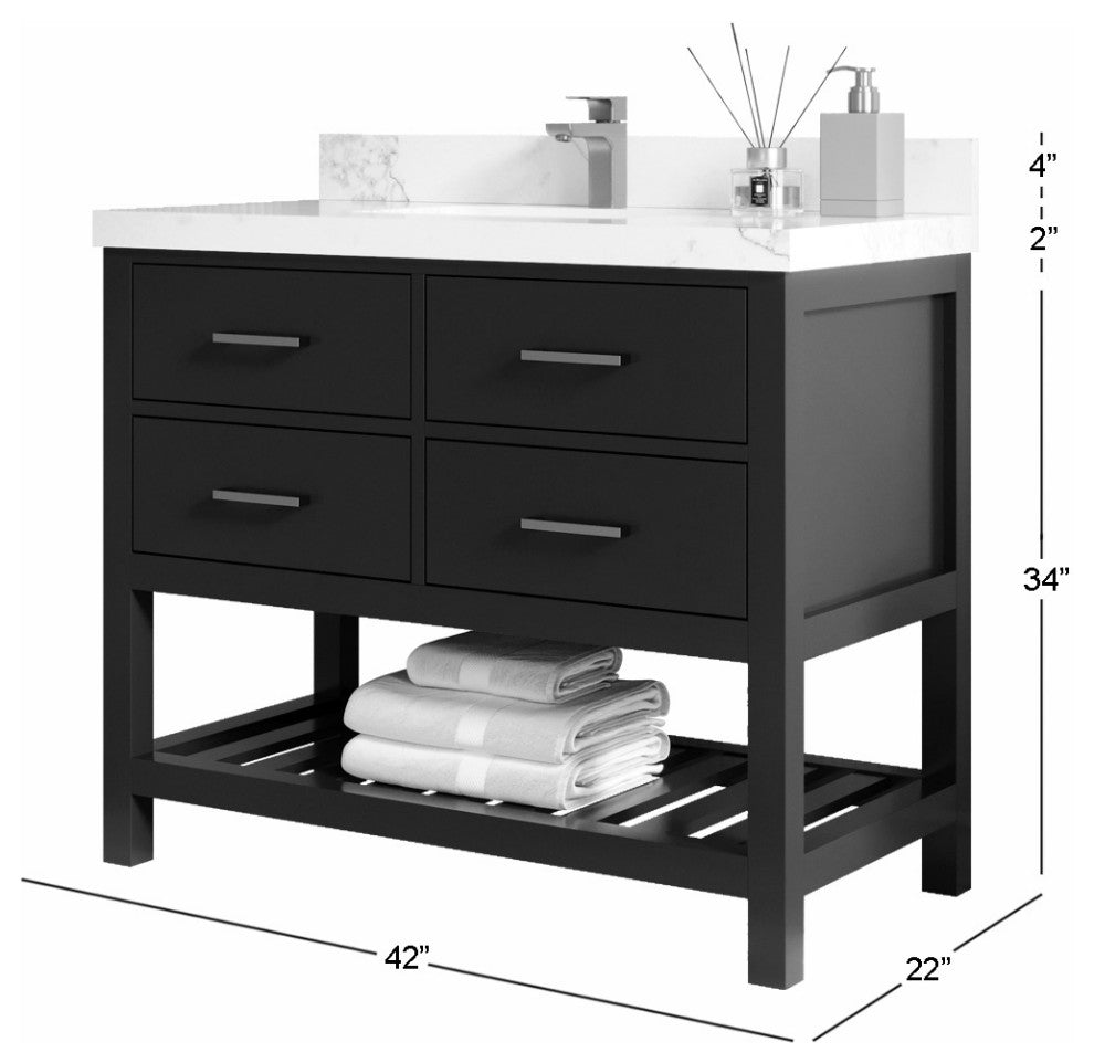Parker 42" Single Sink Bath Vanity, Black 2" Calacatta Nuvo