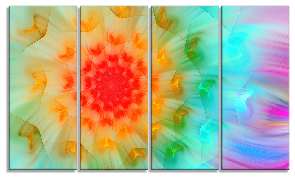 Red Fractal Petals Dandelion, Floral Canvas Art Print, 48"x28", 4 Panels