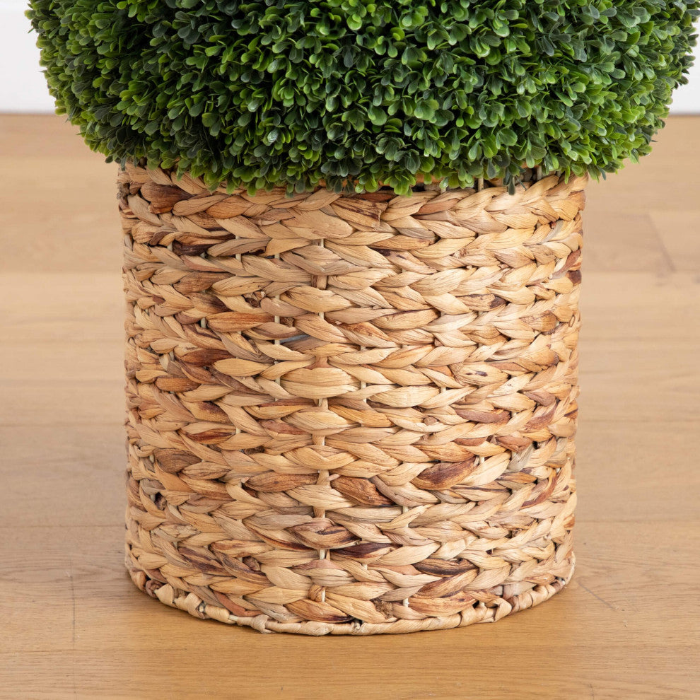 24" UV Resistant Faux Boxwood Ball Topiary, Hyacinth Weave Basket, In/Outdoor