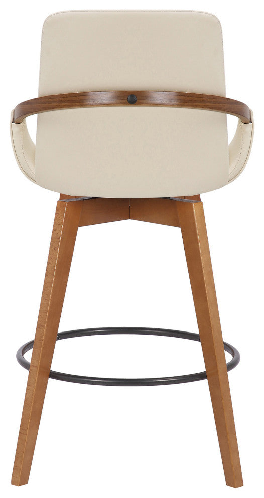 26" Luxurious Cream and Walnut Faux Leather Swivel Bar Stool