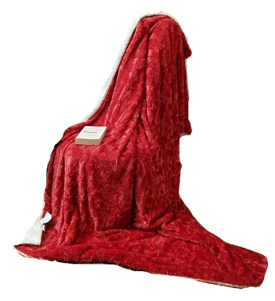 Luxury Hearts in Love Plush Faux Fur Sherpa Fleece Throw Blanket Solid Red, 90"