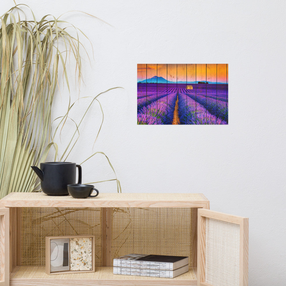 Faux Wood Lavender Fields and Sunset Landscape Unframed Wall Art Prints, 12" X 18"