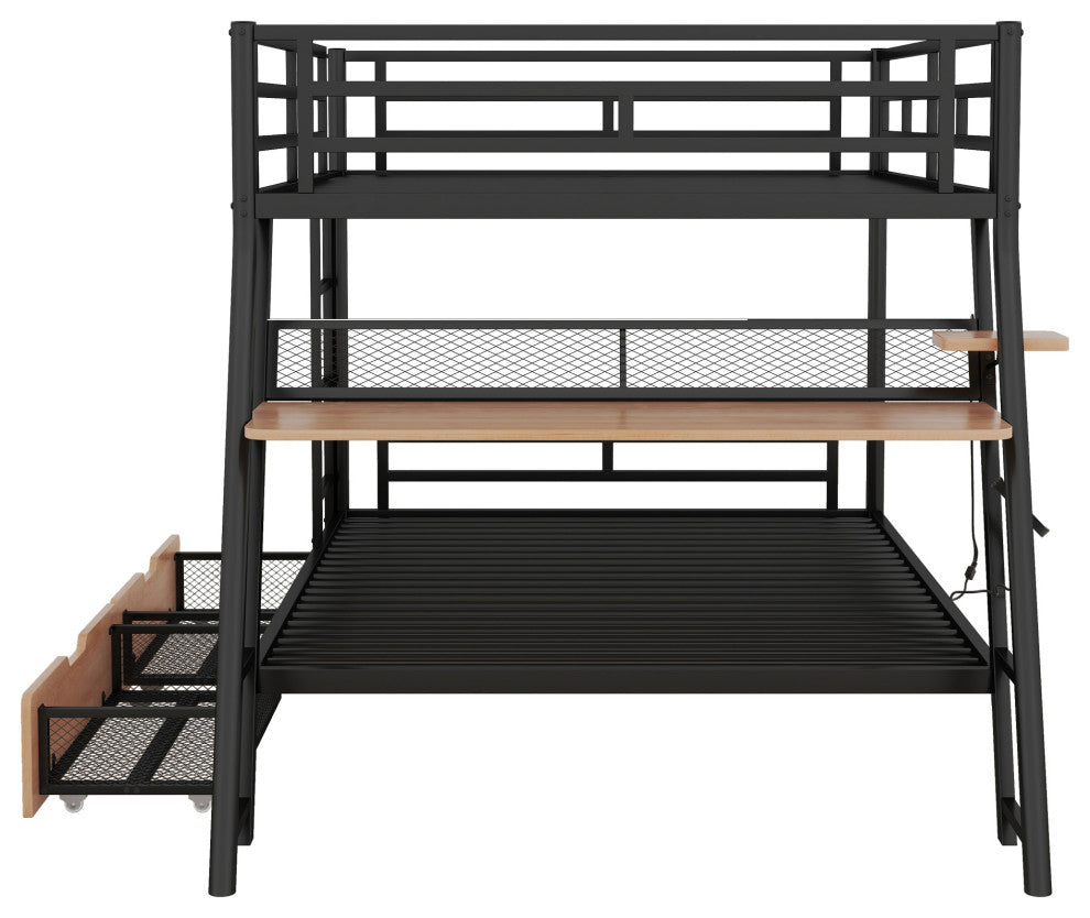 Gewnee Full Size Metal Bunk Bed with Built-in Desk, Light and 2 Drawers, Black