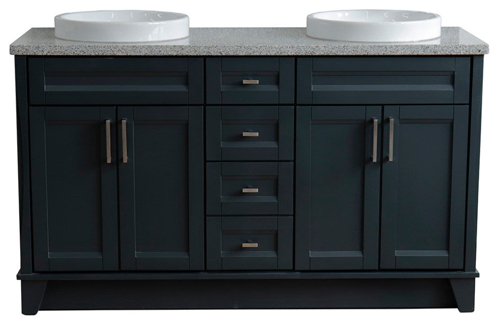 61" Double Sink Vanity, Dark Gray Finish And Gray Granite And Round Sink