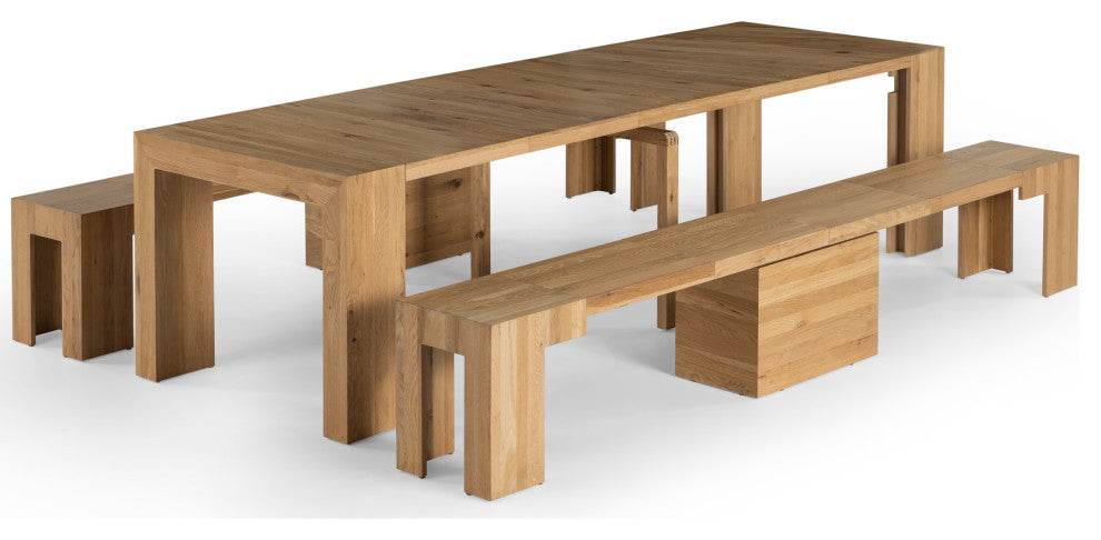 Transformer Table Dining Table Set With 2 Benches, Natural