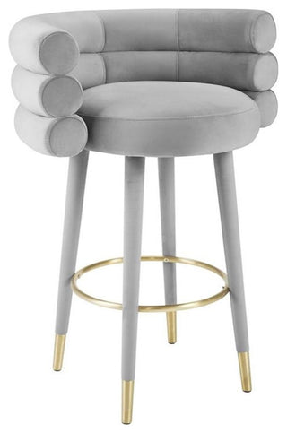 Maklaine 30.3"H Velvet and Plywood Bar Stool in Gray/Gold Finish