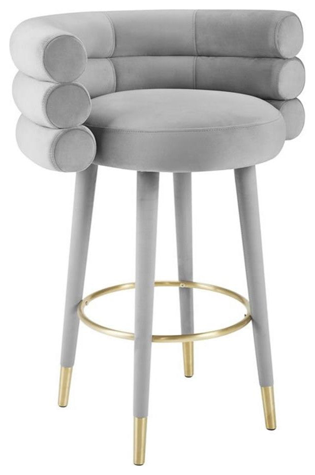 Maklaine 30.3"H Velvet and Plywood Bar Stool in Gray/Gold Finish