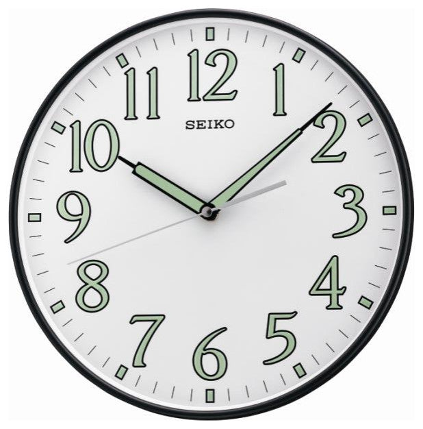 Seiko Clocks, 12" Black Framed Luminous Numbered Wall Clock