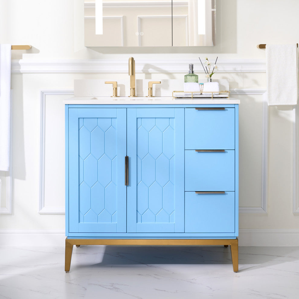 Alison Freestanding Bathroom Vanity with Italian Carrara White Marble Top, Light Blue, 36"