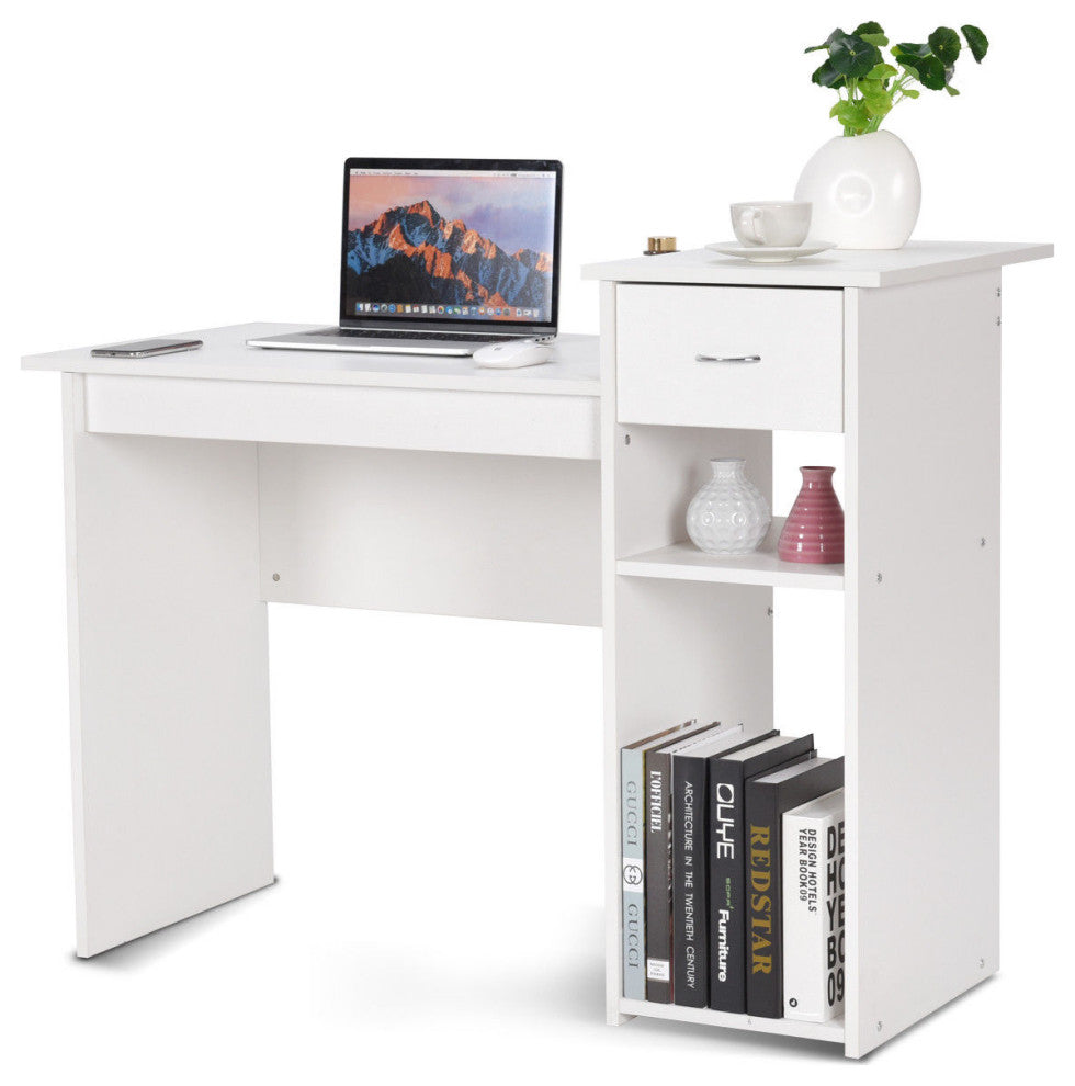 Costway Computer Desk PC Laptop Table w/Drawer & Shelf Home Office Furni White