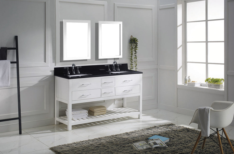 Virtu Caroline Estate 60" Double Bathroom Vanity, White With Faucet, Mirrors