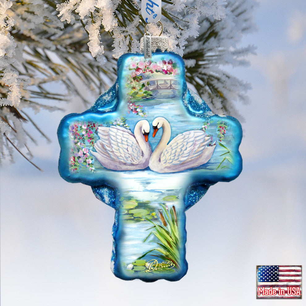 Love of Swans Cross Glass Ornament