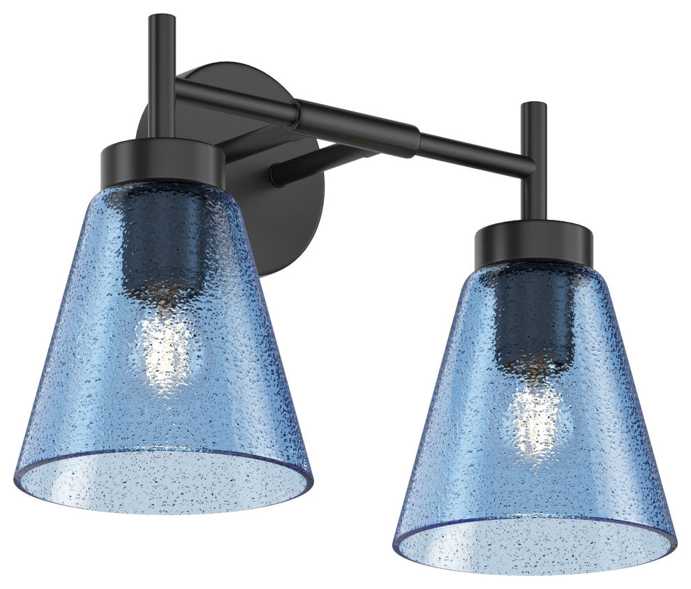 Modern Black 2-Light Wall Light with Blue Seeded Glass Shade
