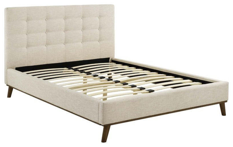 Beige McKenzie Queen Biscuit Tufted Upholstered Fabric Platform Bed