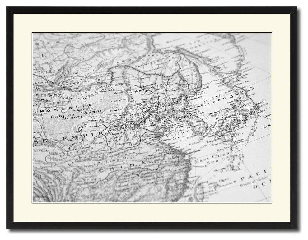 Europe, Asia Vintage Map Print On Canvas With Black Custom Frame, 28" X 37"
