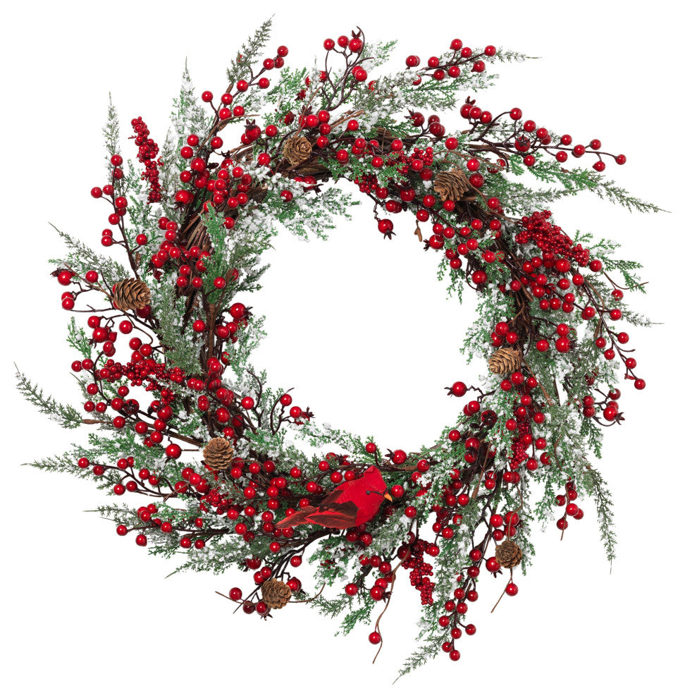 24-in Winter greenery spray wreath with red berry, pine cones and a cardinal