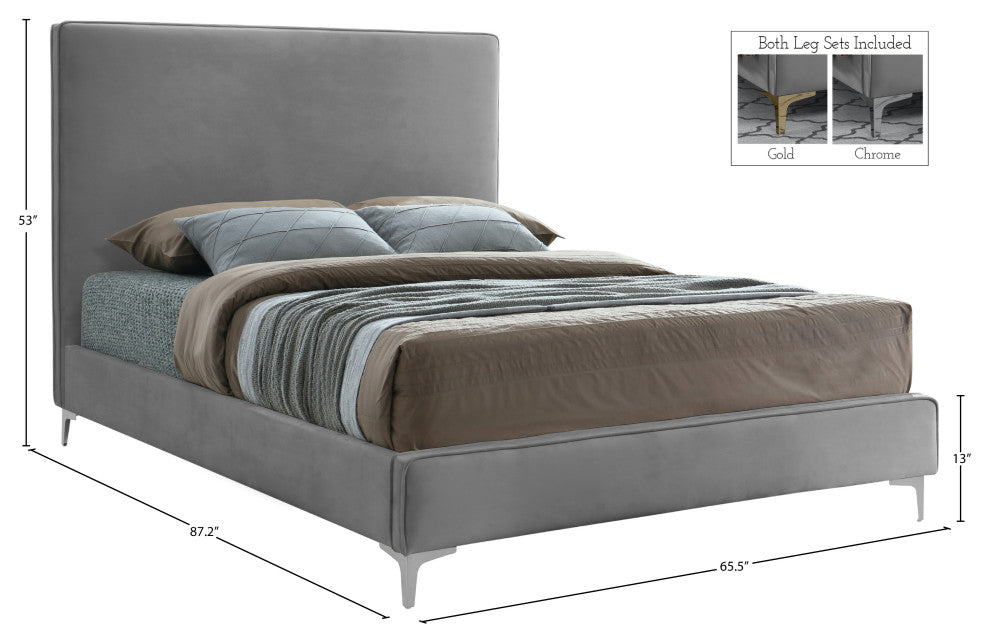 Geri Velvet Upholstered Bed, Gray, Queen