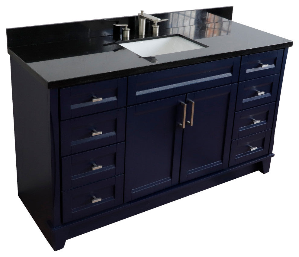 61" Single Sink Vanity, Blue Finish And Black Galaxy Granite