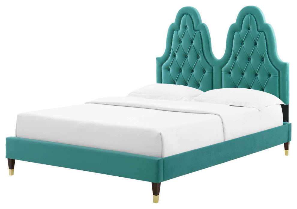 Tufted Platform Bed Frame, Twin Size, Velvet, Teal Blue, Modern Contemporary