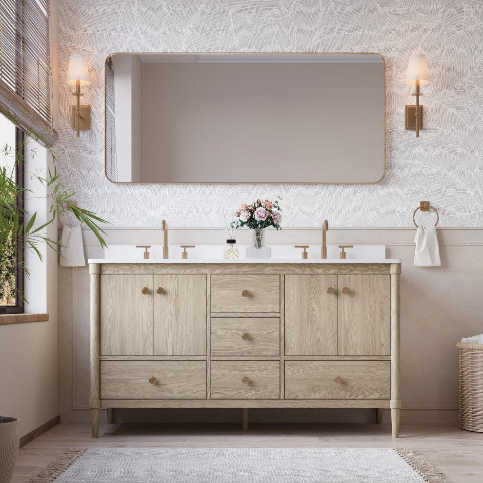 Solid Wood Bathroom Vanity with Carrara White Quartz Top in Oak, 60 Inch
