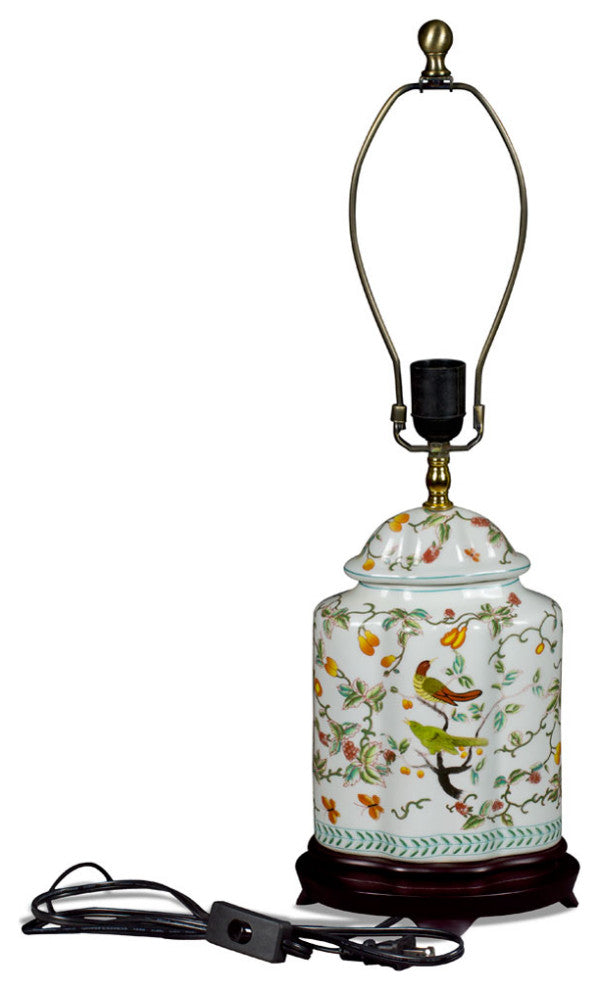 White Bird and Flower Motif Asian Porcelain Lamp