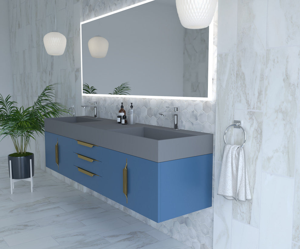 CastelloUSA Amazon 72" Wall Mounted Vanity Set, Blue, Gray Top, Gold Handles