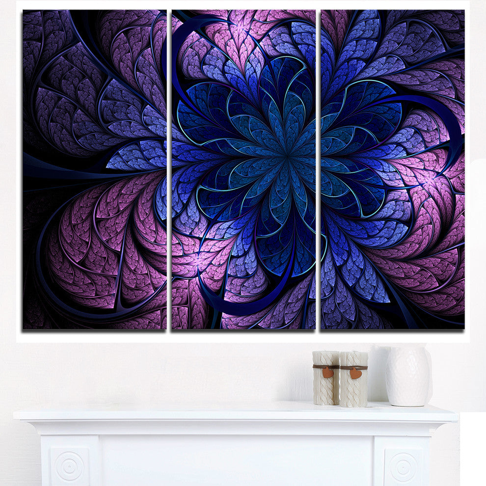 "Blue Purple Digital Fractal Flower" Metal Wall Art, 3 Panels, 36"x28"