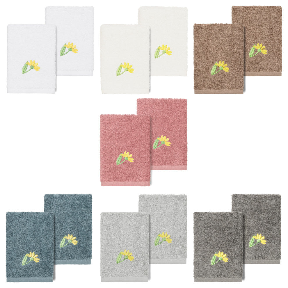 Linum Home Turkish Cotton Daisy 2-Piece Embellished Washcloth Set, Dark Gray