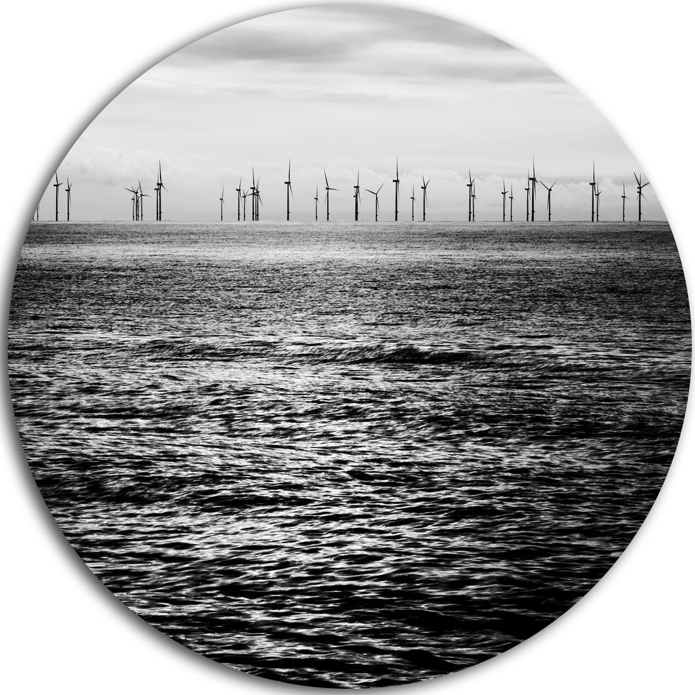 Wind Turbines Black And White, Landscape Large Disc Metal Wall Art, 36"