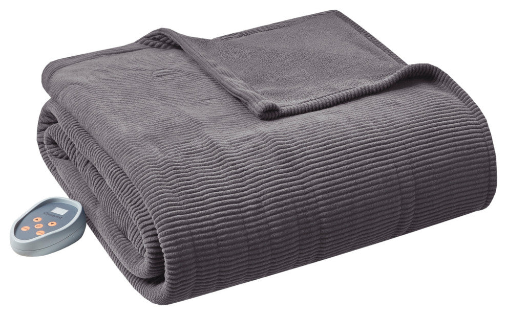 Beautyrest Knitted Micro Fleece Solid Textured Heated Blanket, Gray, King