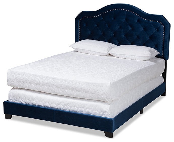 Samantha Navy Blue Velvet Fabric Upholstered King Size Button Tufted Bed