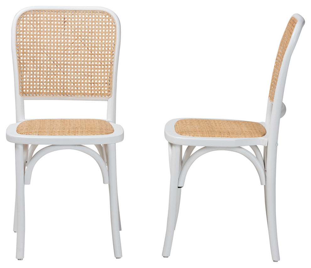 Neah Japandi White Wood and Natural Rattan 2-Piece Dining Chair Set