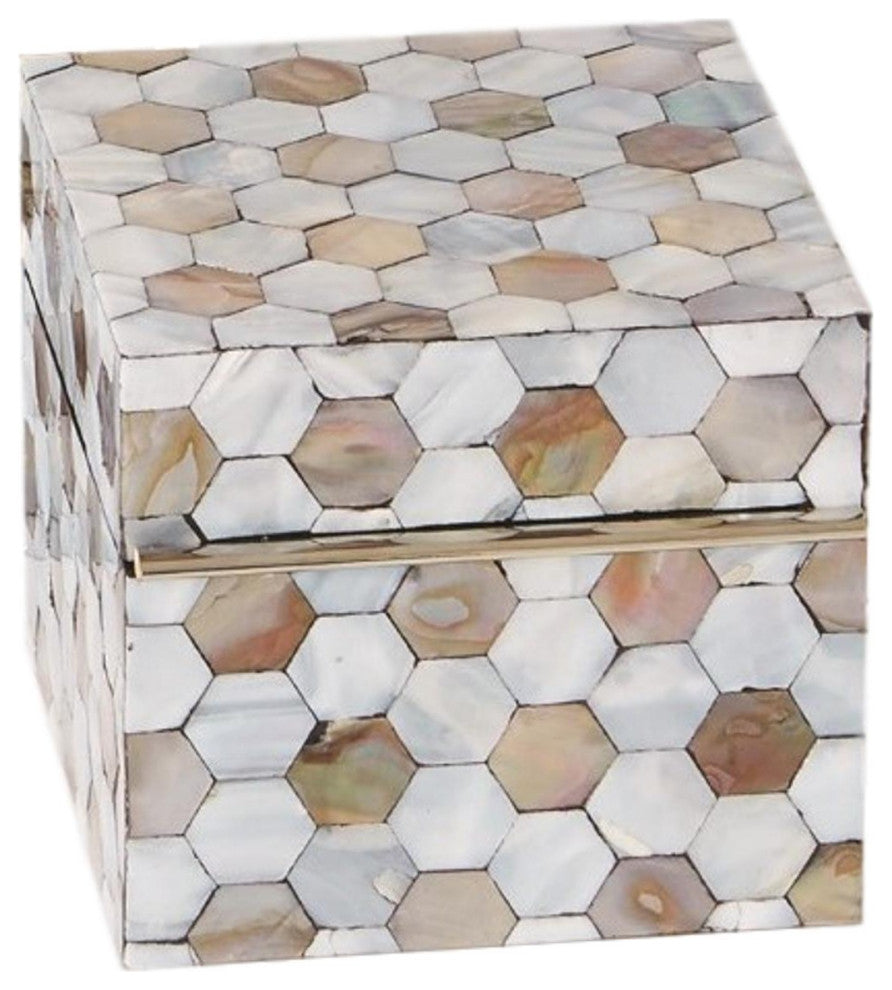 Luxe Mother of Pearl Inlaid Decorative Box  Square 5" Hexagon Honeycomb Shell