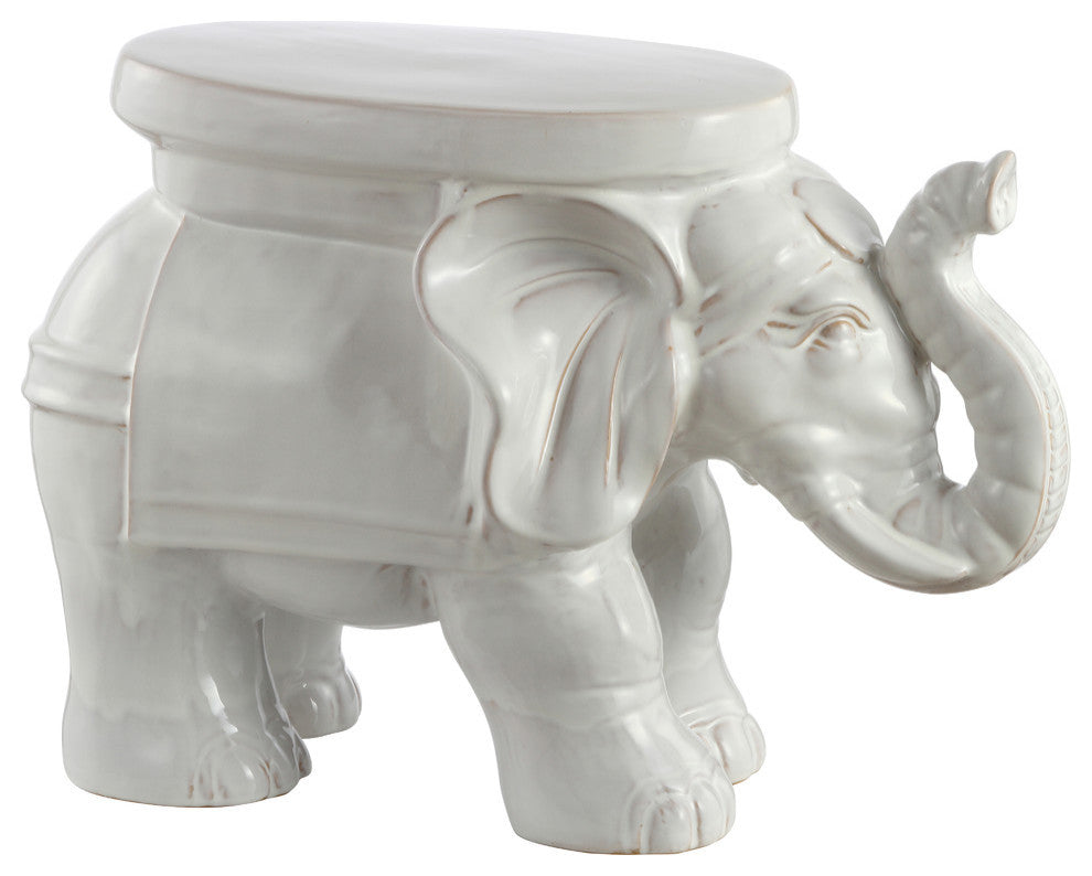 White Elephant 14.2" Ceramic Garden Stool, Antique White