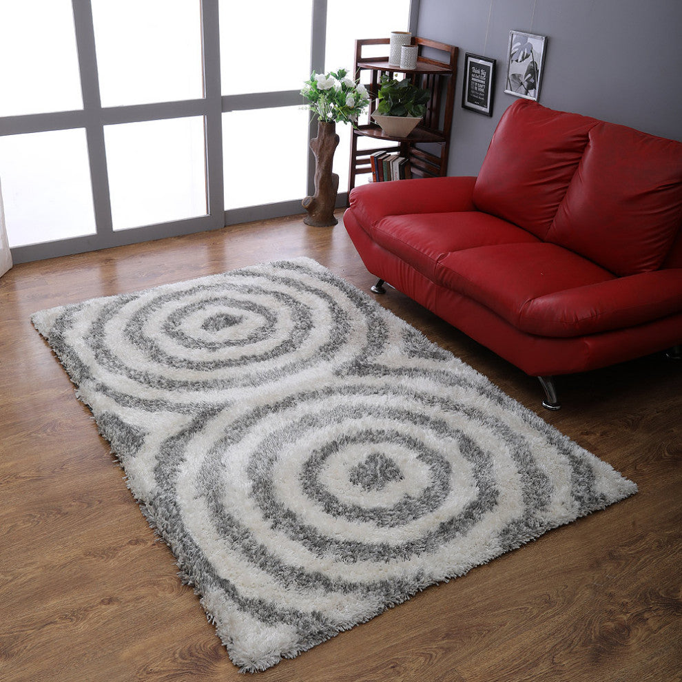 HAND TUFTED SHAG POLYESTER ECO-FRIENDLY AREA RUGS -  Gray White Color, Geometric