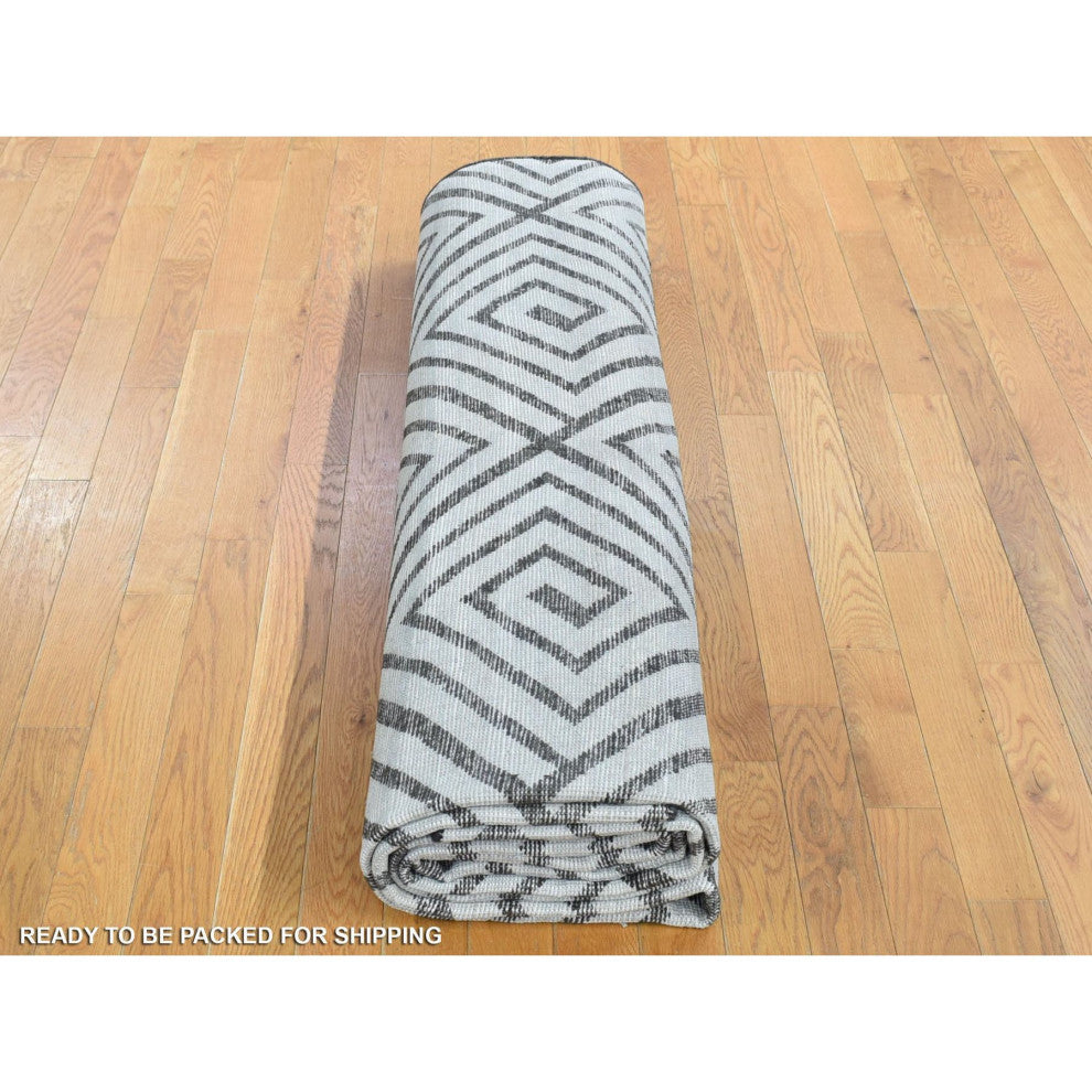 Ivory Roman Key Squares Design Hand Knotted Pure Silk With Wool Rug, 9'0"x12'0"