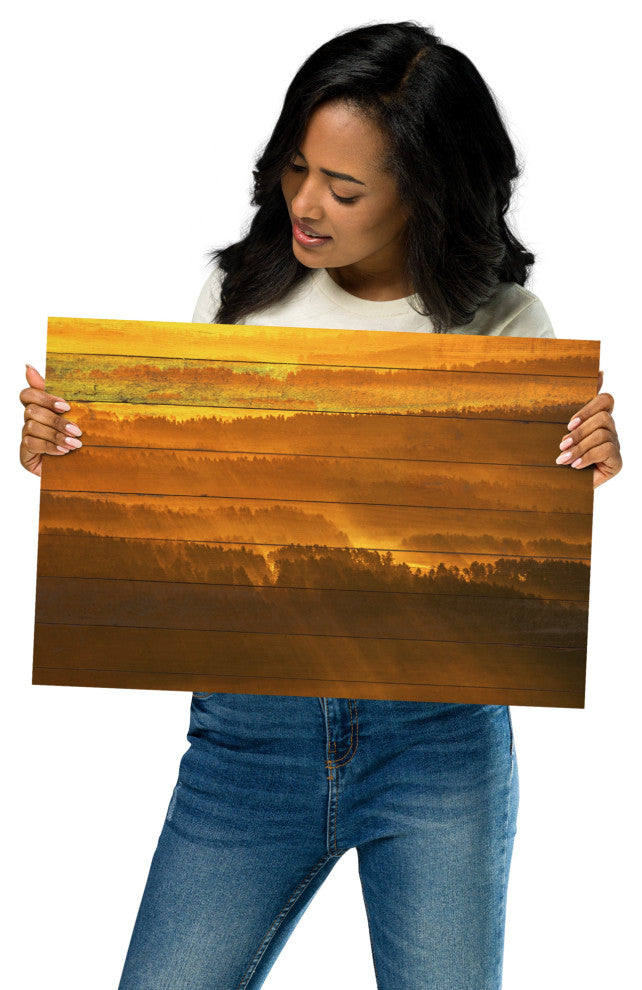 Faux Wood Golden Mist Valley - Hills & Mountain Range Wall Art Prints, 12" X 18"