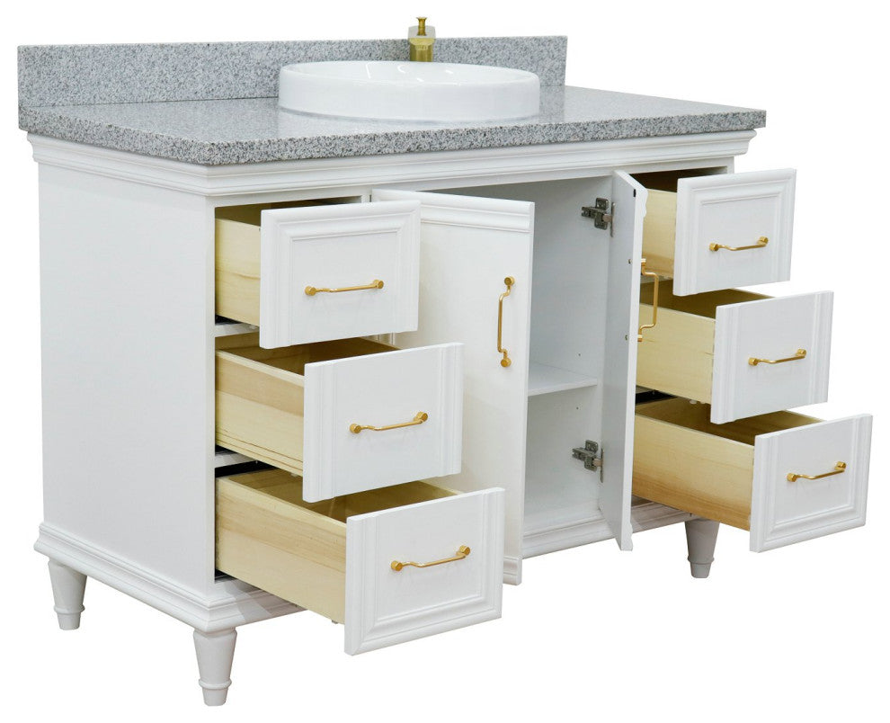49" Single Sink Vanity, White Finish With Gray Granite and Round Sink