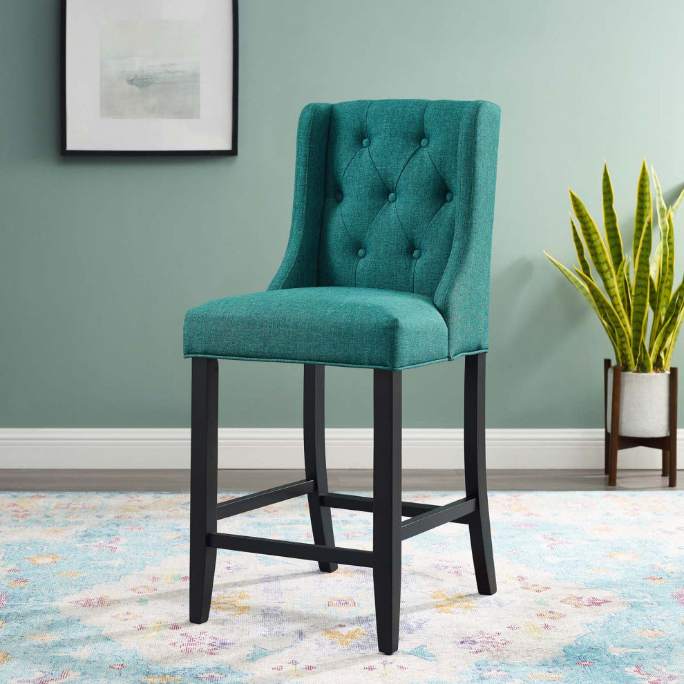Tufted Counter Stool Chair, Fabric, Wood, Teal Blue, Modern, Bar Pub Cafe Bistro